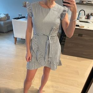 Navy blue and white pinstripe sundress